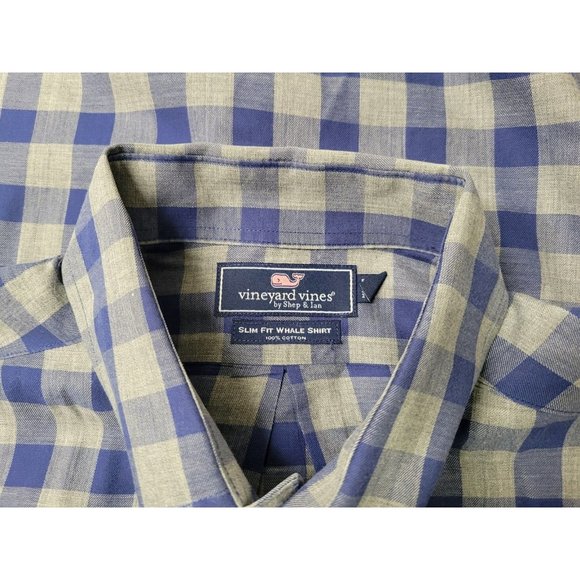 Vineyard Vines Mens Whale Shirt‎ Slim Fit Blue Gray Plaid Cotton L - Picture 7 of 9